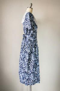 1990s Dress Blue Floral Cotton Full Skirt L