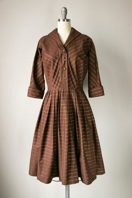1950s Dress Striped Cotton Full Skirt Shirtwaist M