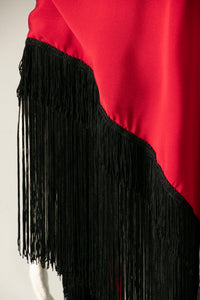 1970s Fringe Shawl Red & Black Long