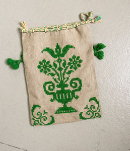 1940s Purse Embroidered Linen Drawstring Bag
