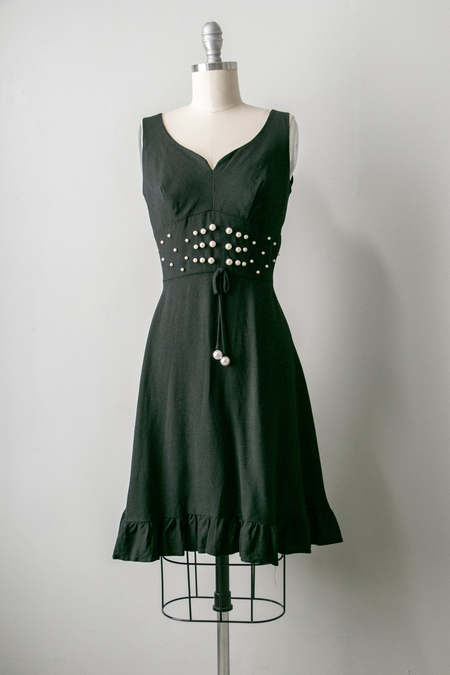 1960s Dress Black Linen Beaded XS