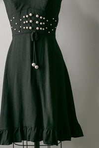 1960s Dress Black Linen Beaded XS