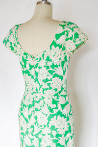 1960s Dress Green Floral Cotton Cocktail M