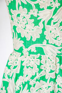 1960s Dress Green Floral Cotton Cocktail M