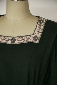 1950s Dress Black Rayon Crepe Embroidered L