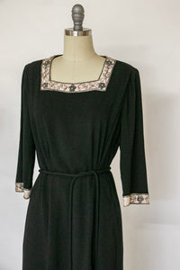 1950s Dress Black Rayon Crepe Embroidered L