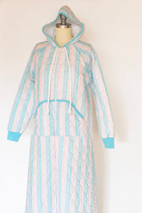 1970s Quilted Robe Loungewear Hooded House Dress M