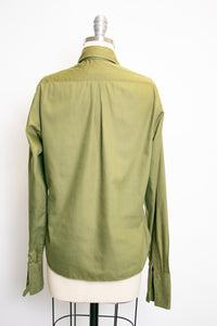 1950s Blouse Cotton Green Long Sleeve Top M