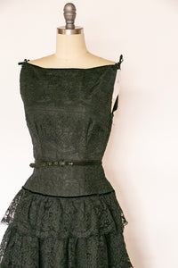 1950s Dress Black Lace Tiered Full Skirt S