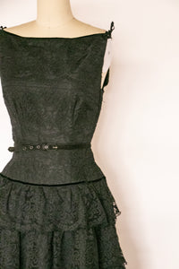 1950s Dress Black Lace Tiered Full Skirt S