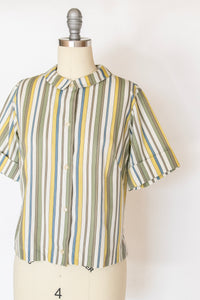 1960s Blouse Cotton Striped Short Sleeve Top M