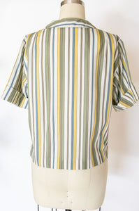 1960s Blouse Cotton Striped Short Sleeve Top M