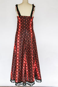 1970s Maxi Dress Printed Shawl Set Fringe S