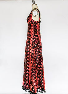 1970s Maxi Dress Printed Shawl Set Fringe S