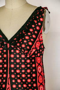 1970s Maxi Dress Printed Shawl Set Fringe S