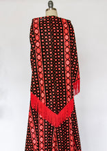 Load image into Gallery viewer, 1970s Maxi Dress Printed Shawl Set Fringe S
