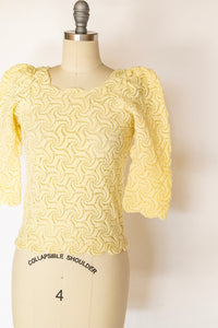 1970s Crochet Blouse Semi Sheer Knit Top S