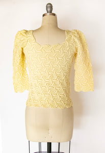 1970s Crochet Blouse Semi Sheer Knit Top S