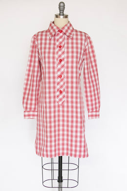 1960s Shirt Dress Plaid Cotton Shift S