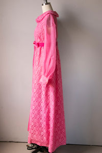 1970s Maxi Dress Pink Lace Gown M