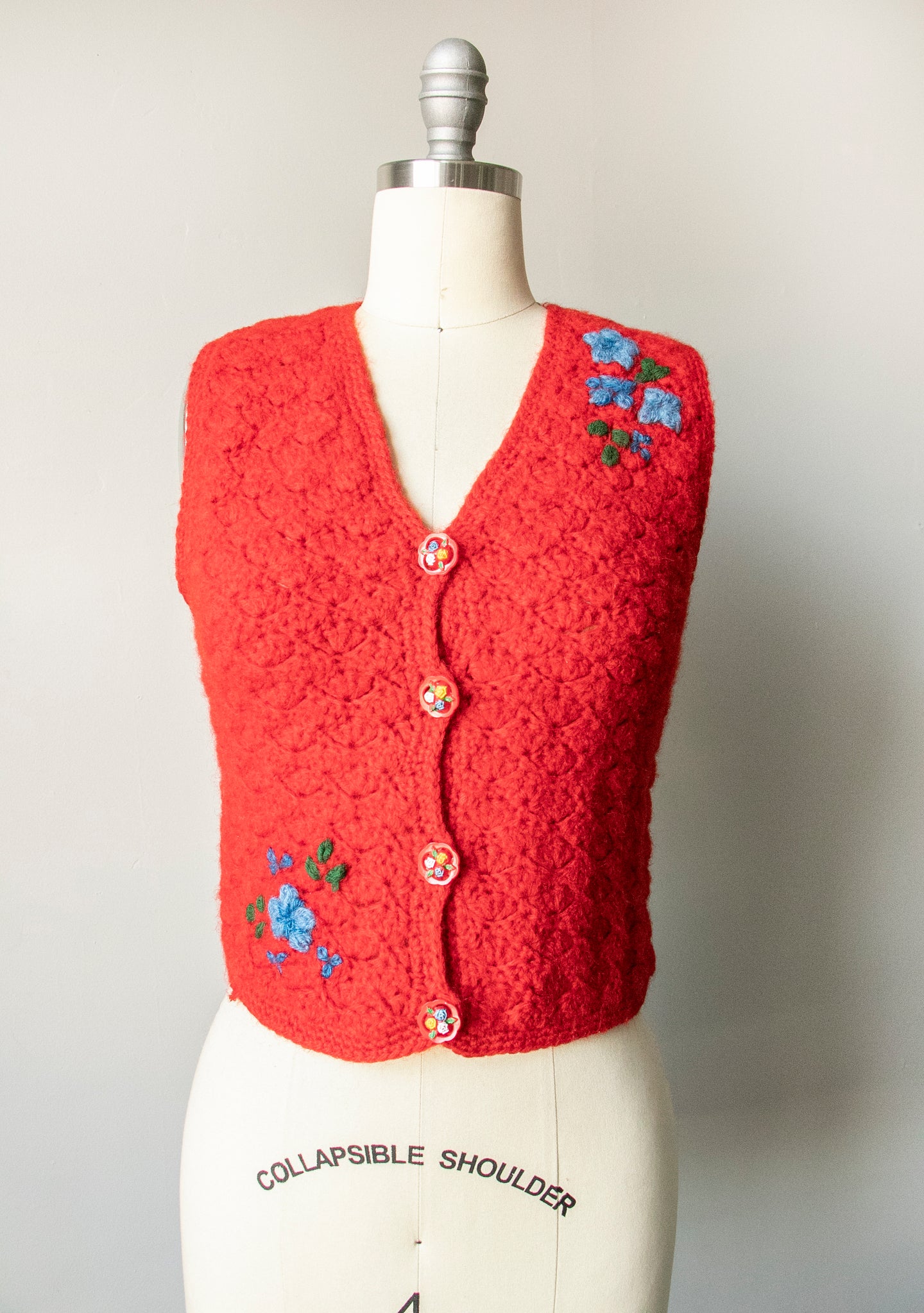 1970s Knit Top Wool Floral Vest XS