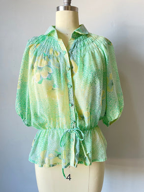 1970s Blouse Semi Sheer Floral Top L