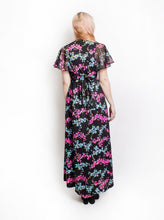 Load image into Gallery viewer, 1970s Dress Floral Black Knit Sheer Boho Maxi Small