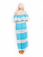 Load image into Gallery viewer, 1970s Dress Mexican Lace Teal Pin Tucked Maxi Off Shoulder L