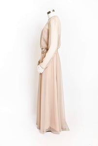 Vintage 1960s Dress MISS ELLIETTE Beige Coffee Chiffon Illusion Gown Medium M