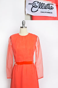 1960s Dress MISS ELLIETTE Neon Orange Chiffon Ruffle 60s Small