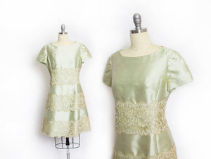 1960s Dress Silk Lace Sea Foam Green Sage Medium