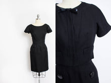 Load image into Gallery viewer, Vintage 1950s Dress Set Black Wool Wiggle Dress Cropped Jacket Ensemble Small S