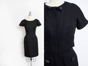 Vintage 1950s Dress Set Black Wool Wiggle Dress Cropped Jacket Ensemble Small S