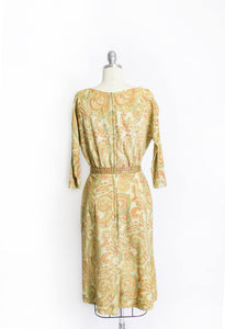 1960s Dress Metallic Gold Lame Paisley Printed Wiggle Small