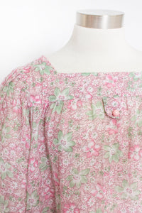 Vintage 1970s Ensemble Cotton Floral Pink Green Pants Boho Blouse Set Small