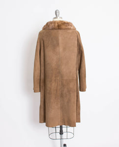 1960s Coat Brown Leather Suede Fur Collar S