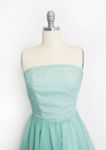 1950s Dress Sea Foam Flocked Polka Dot Gown Small