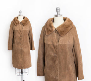1960s Coat Brown Leather Suede Fur Collar S