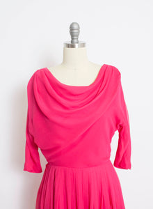 Vintage 1960s Dress MISS ELLIETTE Fuchsia Pink Chiffon Full Skirt Small S