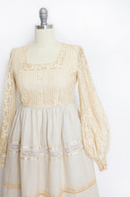 Load image into Gallery viewer, 1960s Maxi Dress Boho Lace Wedding Gown Beige Small