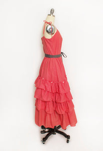 1970s Dress Red Polka Dot Ruffle Full Skirt M