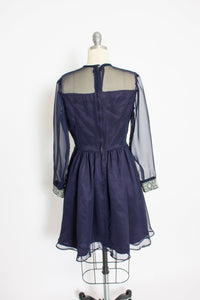 1960s Dress Navy Blue Illusion Chiffon Full Skirt S