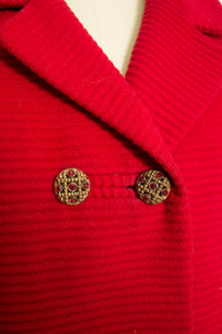 1960s Coat Red Wool Ribbed Rhinestone Buttons M / L