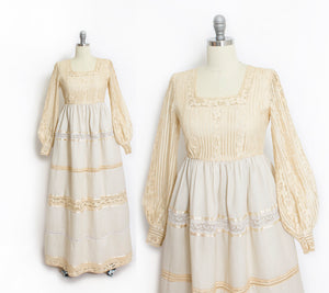 1960s Maxi Dress Boho Lace Wedding Gown Beige Small