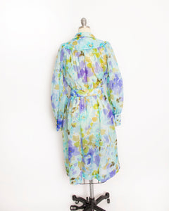 Vintage 1960s Dress Blue Floral Nylon Chiffon Shirtwaist 70s Small