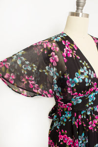 1970s Dress Floral Black Knit Sheer Boho Maxi Small