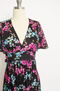 1970s Dress Floral Black Knit Sheer Boho Maxi Small