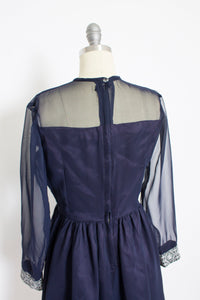 1960s Dress Navy Blue Illusion Chiffon Full Skirt S