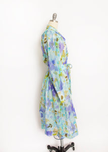 Vintage 1960s Dress Blue Floral Nylon Chiffon Shirtwaist 70s Small