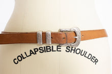 Load image into Gallery viewer, Vintage 1980s Belt Brown Leather Thin Silver Buckle Western Large